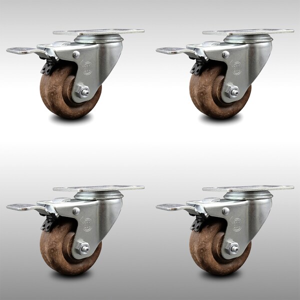 3 Inch SS High Temp Glass Filled Nylon Top Plate Caster Set Total Lock Brake SCC